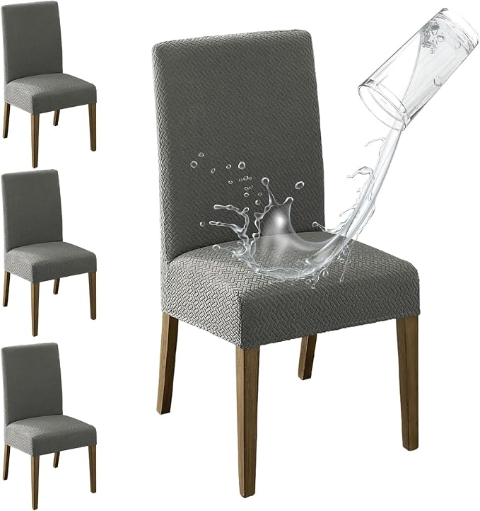 MOSAYT 100% Waterproof Dining Room Chair Covers Set of 4, Super Fit Stretch Jacquard Parson Chairs Slipcovers Removable Washable Chair Seat Protectors for Home, Kitchen, Banquet (Grey) by MOSAYT