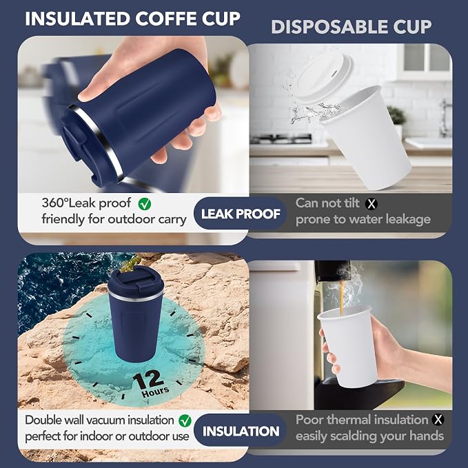 Volhoply 12 oz Double Wall Insulated Vacuum Travel Coffee Mugs with Flip Lid Bulk 2 Pack,Reusable Stainless Steel Leak Proof Coffee Cup,Portable Cafe Thermal Tumbler for Hot & Cold Drinks(Navy,2 Set) - Image 3