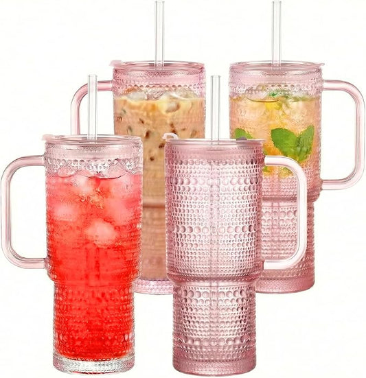 20 oz Pink Glass Tumbler with Lid and Straw, Glass Iced Coffee Cups, Spill-proof Glasses Tumbler with Handle, Glasses Drinking Set of 4, Vintage Glassware for Cocktail, Smoothies by Unknown