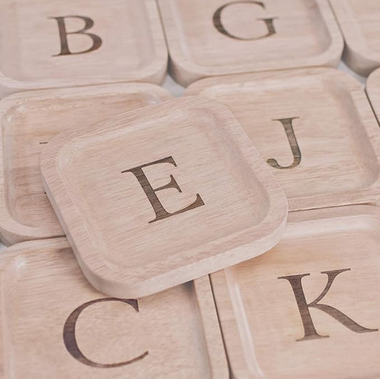 I'm Wooden Personalized Letter Catchall Valet Tray Trinket Dish Jewelry Tray Key Bowl Decorative Plate Organizing Ring Earrings Necklaces Bracelet Watch Coins Wallet Holder (6"x6" Sq Natural K)