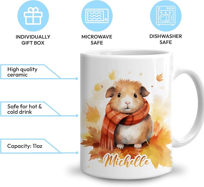 Hyturtle Personalized Fall Guinea Pig Coffee Mug, Fall Autumn Décor | Birthday Gifts For Guinea Pig Lovers, Gift Ideas For Farmhouse Thanksgiving - Custom Name 11oz White Ceramic Coffee Tea Mug - Image 3