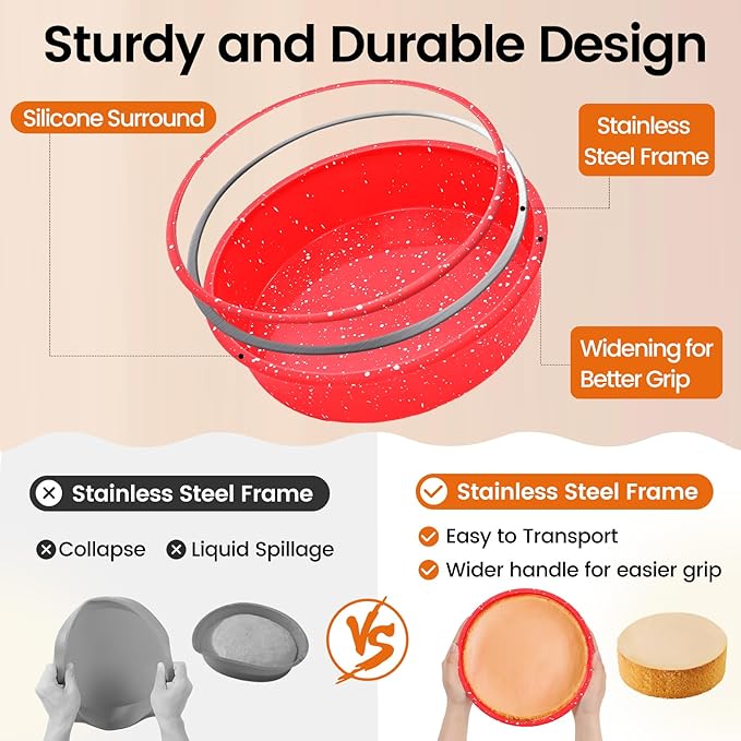 SJ 8 Inch Silicone Round Cake Pan with Metal Reinforced Frame Set of 2, Nonstick Silicone Cake Mold for Baking Suitable for Making Layers, Cheese & Chocolate Cakes - Red