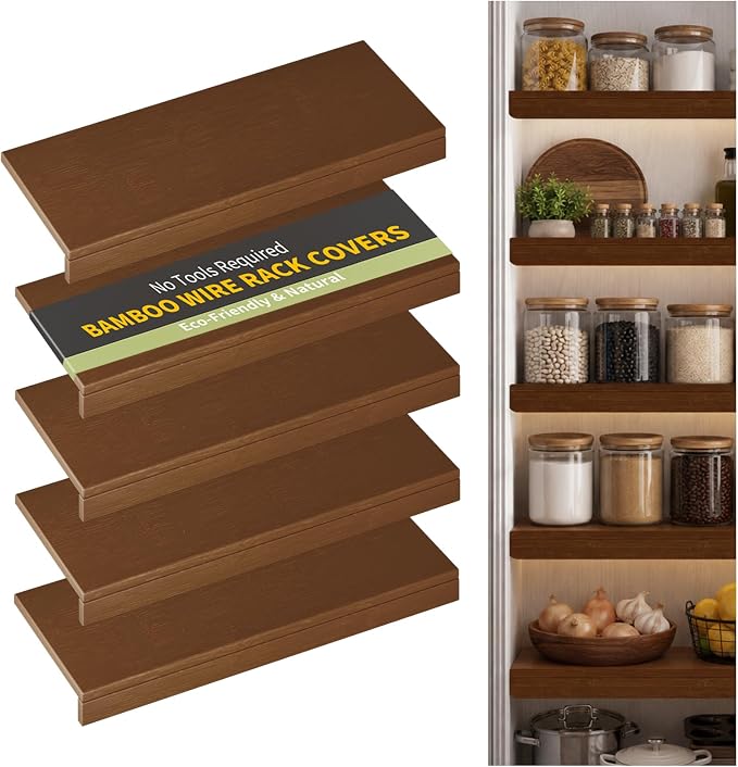 Wire Shelf Covers, Bamboo Wire Rack Covers for Pantry, Closet，Kitchen (5pcs, 30" W x 12" D, Walnut) by ClimbHope