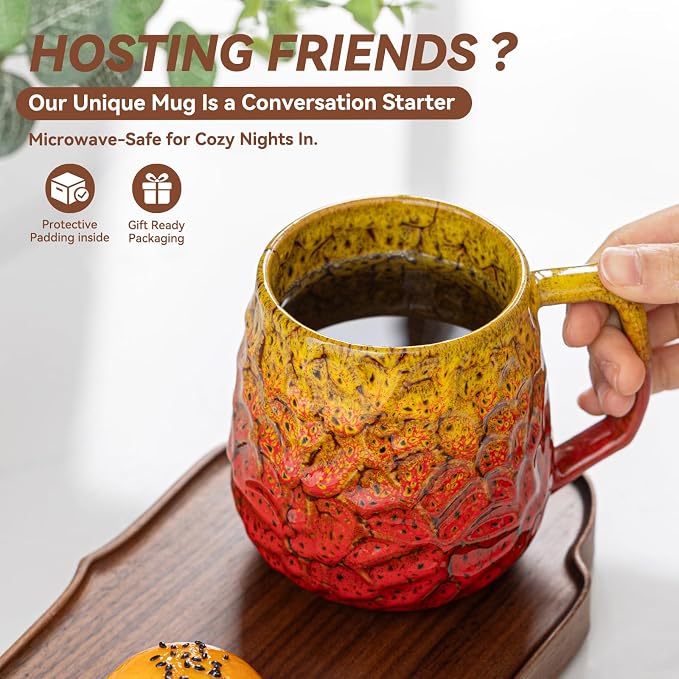 18oz Unique Yellow & Red Kiln-Change Ceramic Coffee Mug, Handcrafted Hammered Texture Ceramic Mug with Ergonomic Handle, Microwave & Dishwasher Safe, Gift for Coffee Lovers, Home Office Daily Use - Image 2