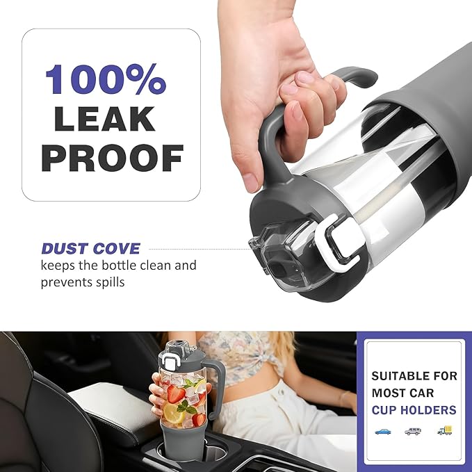 32 oz Glass Tumbler with Handle, 2-in-1 Straw and Sip Spout, Leakproof, BPA-Free Glass Water Bottle for Sports, Office, School, Grey