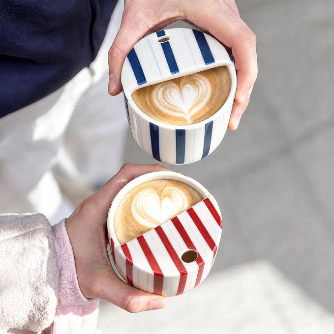 2 Pcs Ceramic Mug with Sip Hole 10 oz Deep Blue Red Striped Ceramic Coffee Mug Hand Painted Travel Mugs Heat Resistant Non Slip Built in One Lid Mugs for Coffee Lovers Appreciation Gift - Image 7
