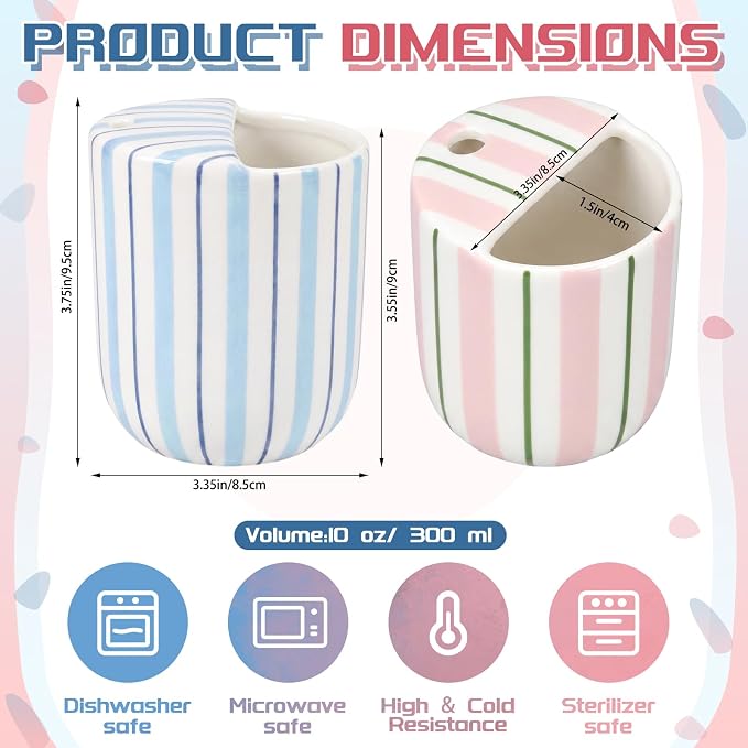 2 Pack Ceramic Mug with Sip Hole 10 oz Stripes Pattern Espresso Cup Coffee Mug Hand Painted Ceramic Cup Pink and Blue Heat Resistant Non Slip with Built in One Lid Handcraft Gift - Image 2