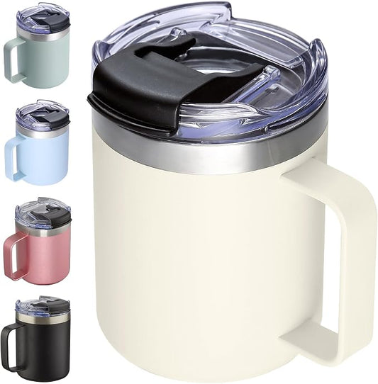 12oz Insulated Travel Coffee Mug with Handle, Cream | Stainless Steel Coffee Tumbler with Lid, Double Wall Vacuum Thermal Cup for Camping by ALOUFEA