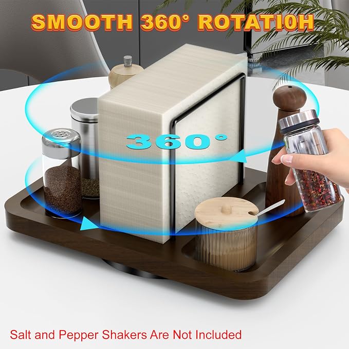 Rotating Napkin Holder for Table with Salt and Pepper Shakers Caddy | Standing Napkin Dispenser, Wood Paper Towel Holder for Bathroom Kitchen Dining Table Decor - Image 2