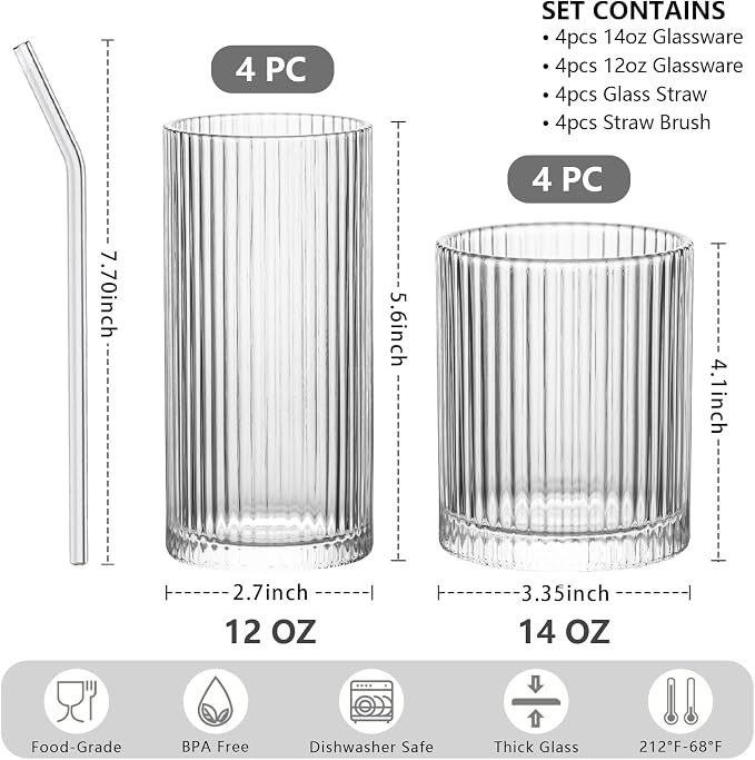 INSETLAN Set of 8 Vintage Glassware - 4 Highball Glasses 12 oz, 4 Rocks Glass Cups 14 oz, Ribbed Glassware Cocktail Glasses, Ideal for Wine, Juice, Water, Ice Coffee Cup, Whiskey, Mixed Drinkware - Image 2