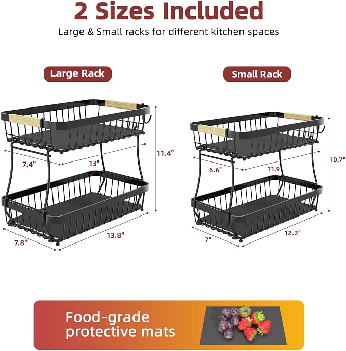 2-Tier Fruit Basket with Banana Hangers, Detachable Metal Bowl | Wooden handle, protective mats included. Versatile holder for bread, snacks, and veggies. 2-Pack 2 tier metal design. - Image 8
