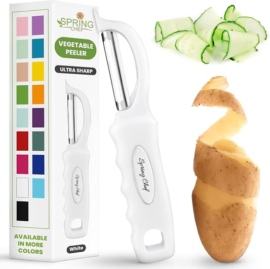 Spring Chef Swivel Potato Peeler for Kitchen with Ergonomic Handle, White | Premium Vegetable Peeler w/ Sharp Stainless Steel Blades, Multifunctional Food Peeler for Apple, Carrot, Cucumber, Fruit by SpringChef