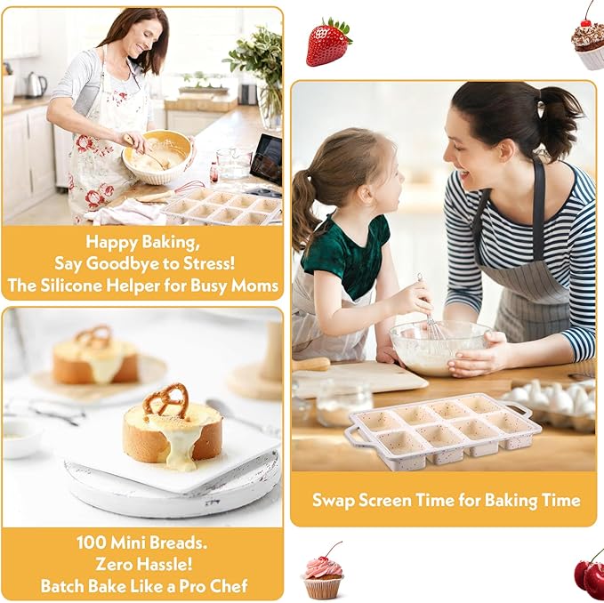 Silicone Mini Loaf Pan with Metal Reinforced Frame 2 Pack Non-stick Mini Bread Loaf Pans for Baking Bread 8-Cavity, Dishwasher Silicone Baking Molds for Banana Breads, Cornbread, Cheesecake (Cream)