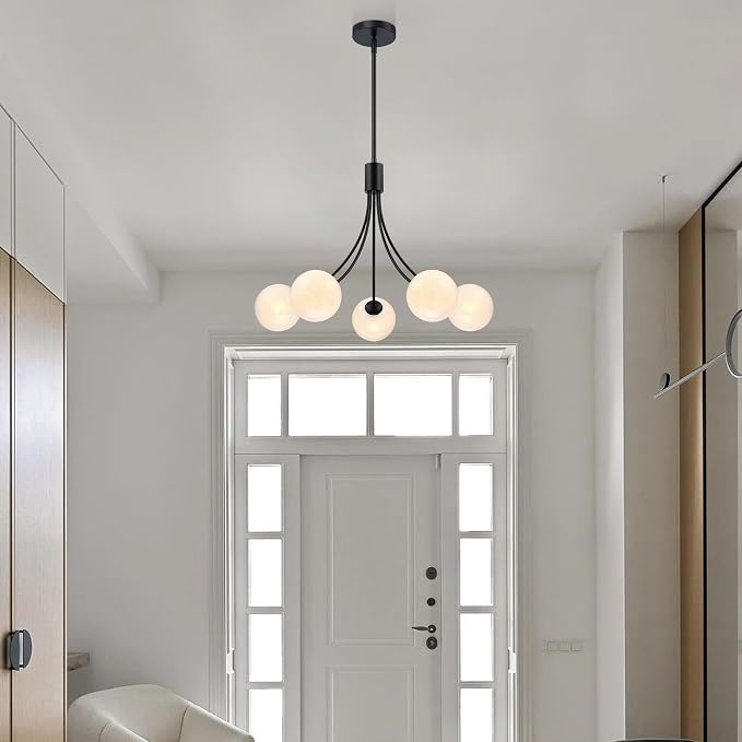 Bubble Chandelier, Modern Sputnik Dining Room 5-Light Chandelier with Black Finish and Glass Globes for Kitchen Bedroom Foyer and Living Room - Image 4