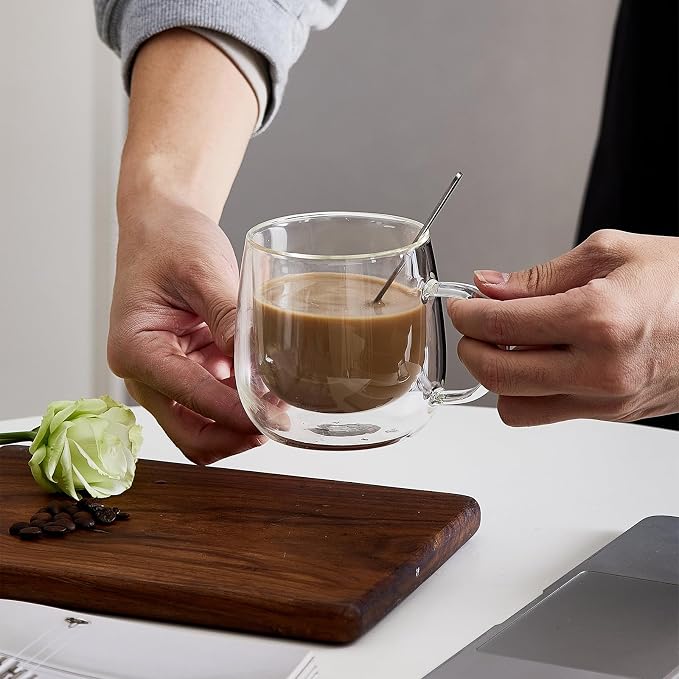 Double Wall Glass Coffee Mugs 10 Oz with Handle - Set of 2 | Insulated Clear Espresso Coffee Mug with Handle, Double Walled Coffee Cups for Cappuccino, Latte, Tea, Hot Drinks - Image 5