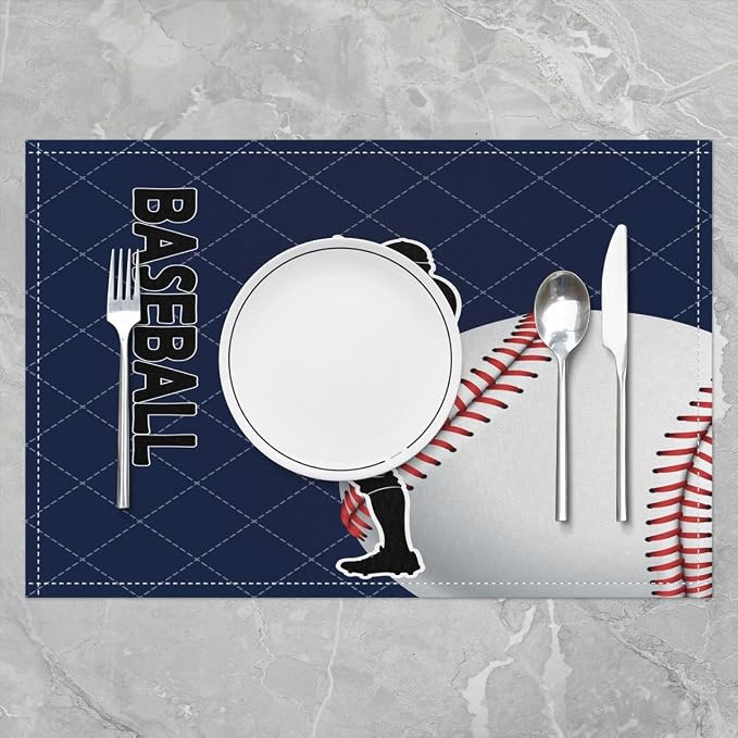 Feelyou Baseball Placemats Set of 4 18"x12" Navy Blue Baseball Table Place Mats, for Kids Boys Girls Teens Baseball Player Placemat for Kitchen Dining Table Decor Indoor Outdoor Set Ball Sport - Image 2