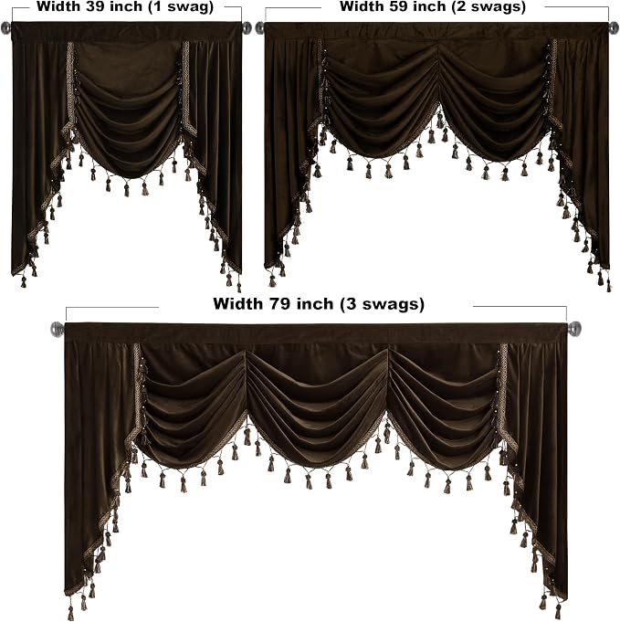 Brown Velvet Valance Curtain for Bedroom W39 inches, 1 Panel | Luxury Tassel Waterfall Valance, Blackout Thermal Insulated Tier Window Drapes for Bathroom, Dining Living Room - Image 4