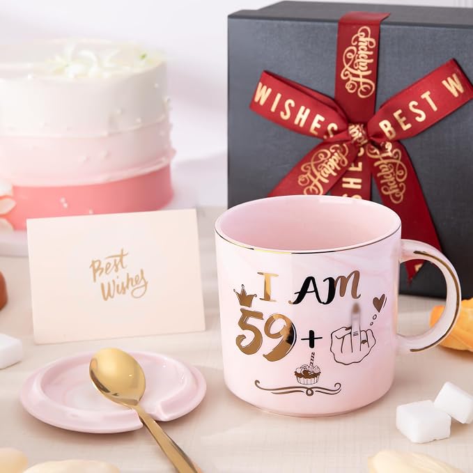 Funny 60th Birthday Coffee Mug for Women - 14oz Pink Marble Ceramic Mug, Playful Gold 59 Plus 1 Hand Design - Hilarious Turning 60 Year Old Gift for Mom, Sister, Best Friend, Wife, Neighbor, Colleague - Image 6