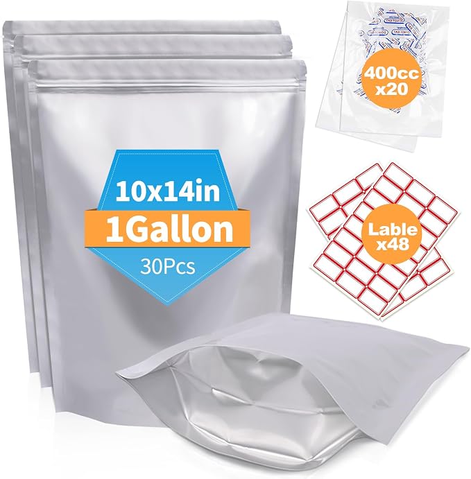 30PCS 1Gallon 10"X14" Mylar Bags for Food Storage with Oxygen Absorbers&Lables,10 Mil Thick Resealable Stand-Up Zipper&Heat Sealable Bags for Long Term Food Storage,Dried Food by NexLevVac