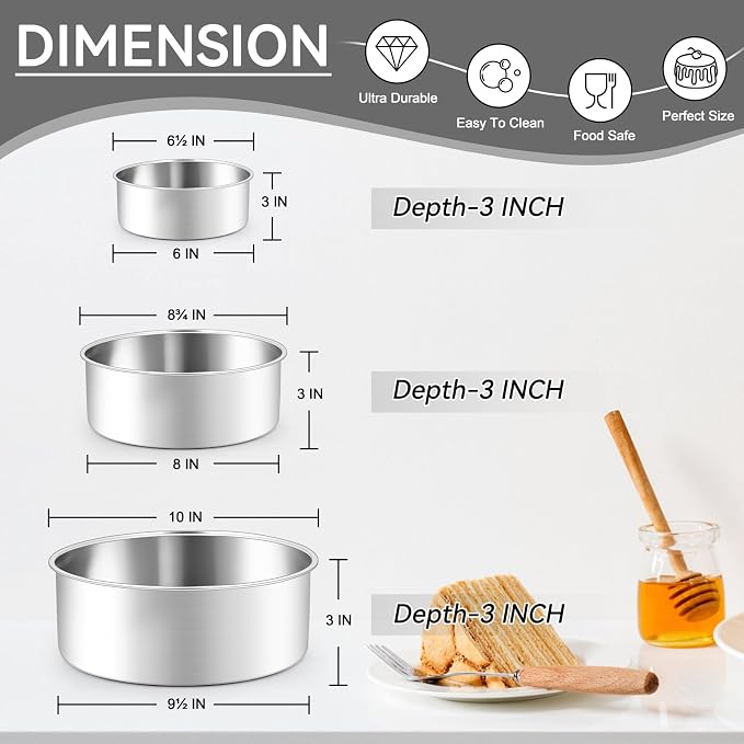 Leonyo Tall Round Cake Pans, 6’’- 8’’- 9½’’ Cake Pan Set for 3, Stainless Steel Round Layer Baking Tier Cake Pans Set, 3-Tiered Cake Tins for Birthday Wedding, Non Toxic & Healthy, Dishwasher Safe - Image 2