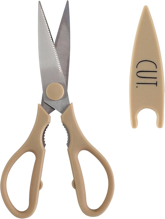 Rae Dunn Kitchen Scissors- Stainless Steel Kitchen Shears, Cooking Scissors for Cutting Meat, Chicken, Herbs and Produce with Blade Cover and Soft Grip Handles (Brown) by RaeDunn