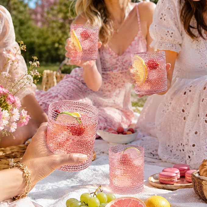 Khen Hobnail Beaded Highball Drinking Tumbler Glasses | Set of 6 | Pastel Pink Color, Vintage Bubble Design Whiskey Glassware, Rocks Glasses - Image 8