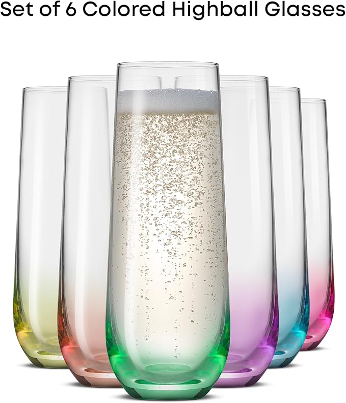 JoyJolt Hue Stemless Champagne Flutes Set of 6 Colored Glasses, 9.5oz Cocktail Glass Set for Mimosa, Stemless Champagne Glasses, Prosecco Wine Flute, Bar Glassware - Image 3