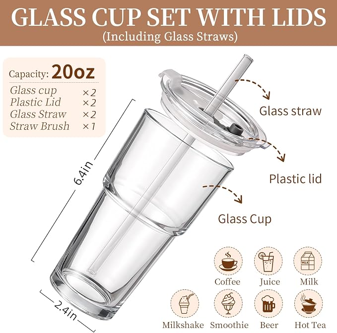 Iced Coffee Cups with Lids 2Pcs: Coffee Bar Accessories - Glass Tumbler with Straw and Lid 20oz - Vintage Glass Cups with Lids and Straws - Tumbler Leak Proof Aesthetic Drinkware for To Go Iced Coffee - Image 2