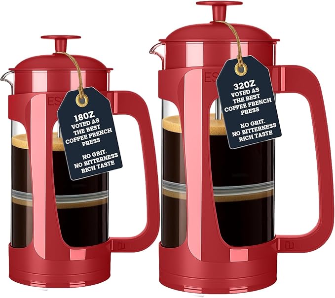 ESPRO P3 French Press Coffee Maker – Patented Double Micro-Filter for Grit-Free Brew, Heat Resistant thicker Borosilicate Glass Coffee press – Red (32oz)