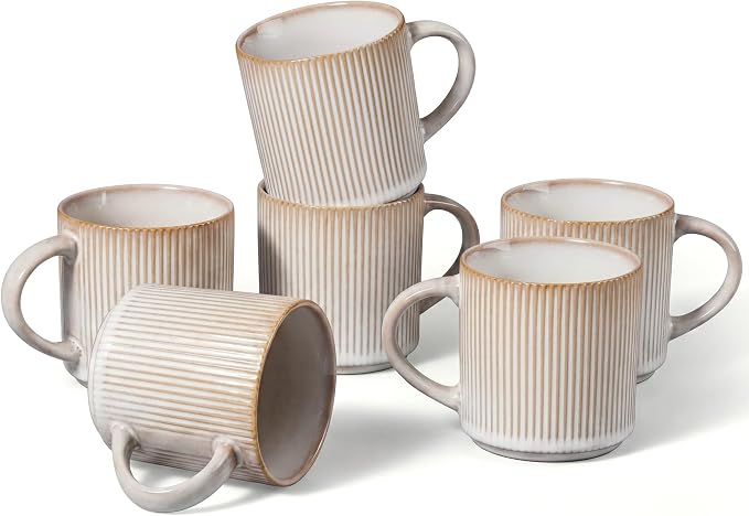 E-far 12 oz Coffee Mugs Set of 6, Stoneware Coffee Cups with Handle for Man Woman, Modern Ribbed Ceramic Tea Mugs for Latte Cocoa Milk, Microwave & Dishwasher Safe, Creamy Beige by E-far