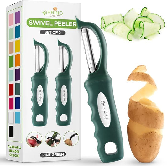 Spring Chef Swivel Potato Peeler w/Soft Grip Handle, Set of 2, Pine Green | Premium Vegetable Peeler w/ Sharp Stainless Steel Blades, Multifunctional Food Peeler for Apple, Carrot, Cucumber, Fruit by SpringChef