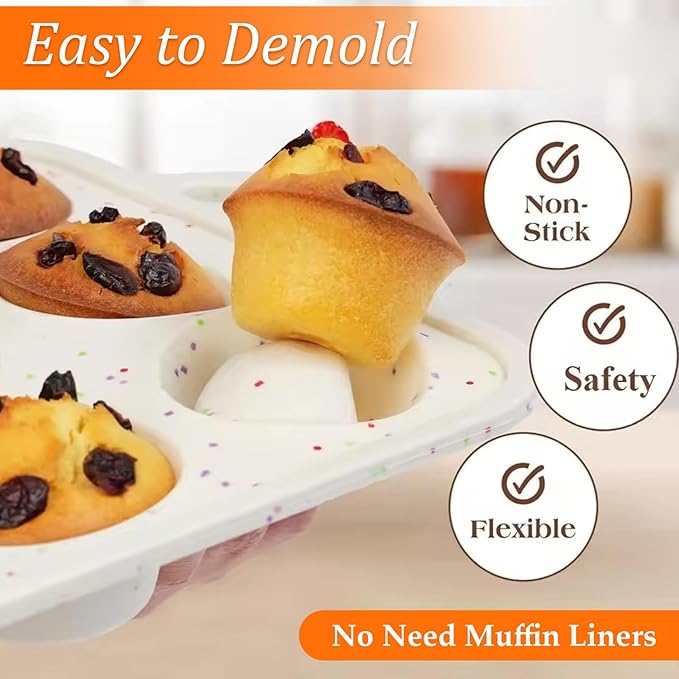 12-Cup Silicone Muffin Pans for Baking, Silicone Cupcake Pan with Handle, Easy to Clean Free Muffin Tin for Oven, Microwave, Freezer