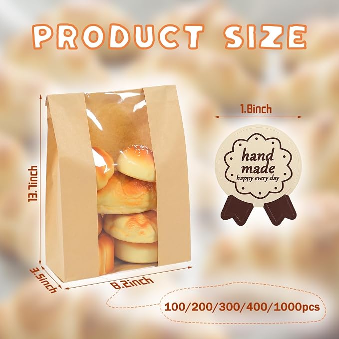1000 Packs Paper Bread Bags for Homemade, Sourdough Bread Bags with Clear Window Includes Label Seal 1000 Pcs Stickers, Bakery Packaging Storage for Cookies Snack (13.7x8.2x3.5 inch) - Image 2