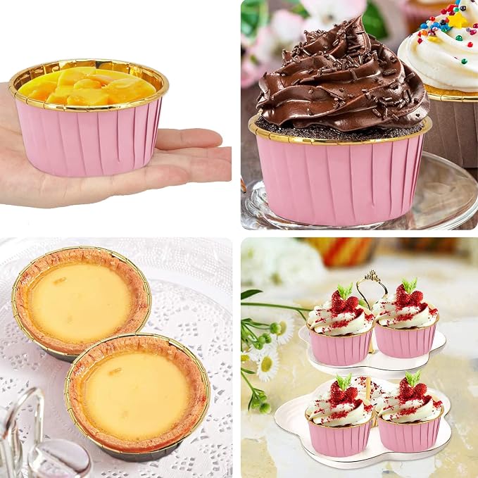 Cupcake Liners with Lids 50 Pack,LNYZQUS 5oz Large Foil Cupcake Cups Muffin Tins,Disposable Baking Cups Muffin Liners Wrappers Holders for Wedding Valentine-Pink in gold - Image 6