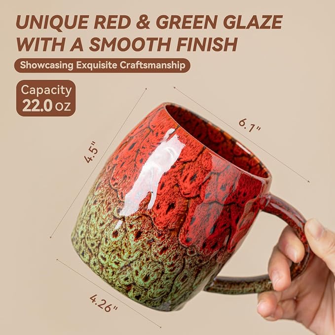 Handmade 22oz Ceramic Coffee Mug, Ergonomic Large Handle, Ideal Gift for Coffee Lovers, Microwave & Dishwasher Safe (Bas-Relief - Red&Green) - Image 5