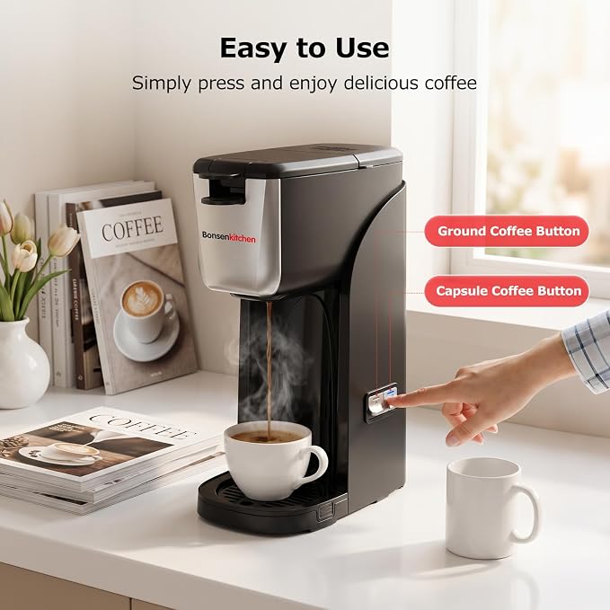 Bonsenkitchen Single Serve Coffee Maker, 6-14 oz Brew Sizes, Brewing | Travel Mugs Friendly, Compact Portable Coffee Machine for Small Spaces, Ideal for Kitchen - Image 5