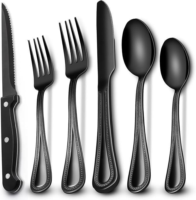 EWFEN 24-Piece Black Silverware Set with Steak Knives, Black Flatware Set for 4, Food-Grade Stainless Steel Tableware Cutlery Set, Mirror Finished Utensil Sets for Home Restaurant, Pearled Edge by EWFEN