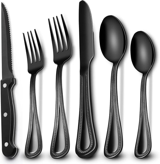 EWFEN 24-Piece Black Silverware Set with Steak Knives, Black Flatware Set for 4, Food-Grade Stainless Steel Tableware Cutlery Set, Mirror Finished Utensil Sets for Home Restaurant, Pearled Edge by EWFEN