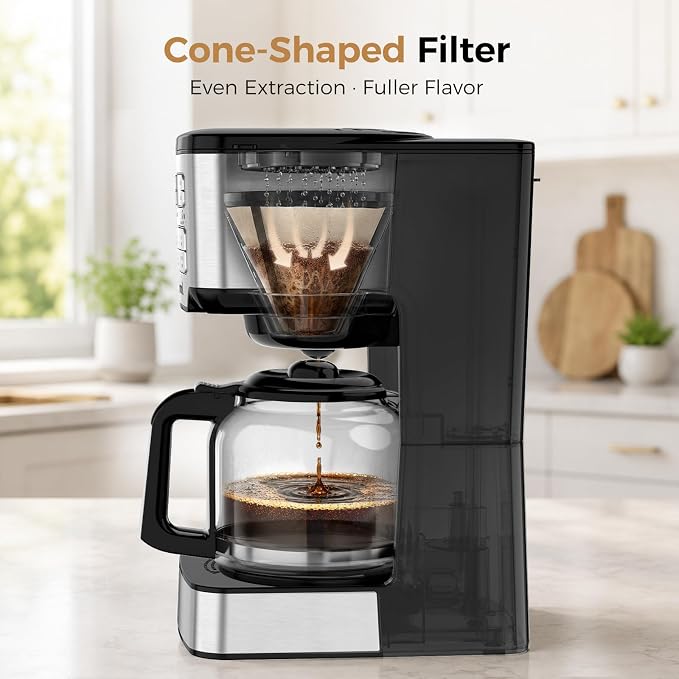 12-Cup Drip Coffee Maker Programmable, Adjustable Brew Strength | 24-Hour Delay Brew & 4-Hour Keep Warm, 1-4 Cup/Classic/Rich Coffee Brewer for Home Office, Coffee Machine with Glass Carafe - Image 3