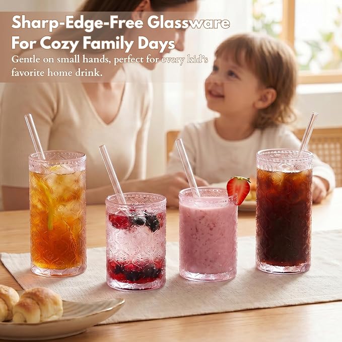 Pink Drinking Glasses Set of 8, 12 Oz Highball & 10 Oz Cocktail Glasses with Straws, Thick Glass Iced Coffee Cups, Floral Embossed Kitchen Vintage Glassware Set for Water, Beer, Juice, Whiskey - Image 2