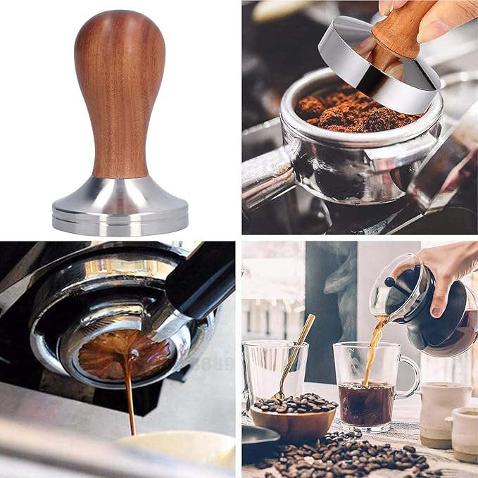 58mm Coffee Tamper, Stainless Steel Coffee Press Tool with Tamper Mat, Coffe Tamping Base with Wooden Handle for Espresso Machine Home Office Cafe