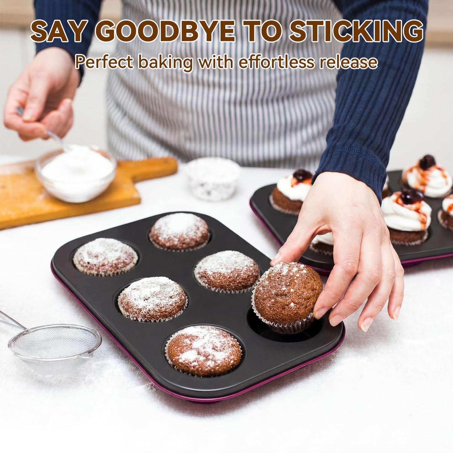 Wildone 13-Piece Baking Pans Set Nonstick - Stackable Bakeware Sets Including Cookie Sheets for Baking, Rack, Muffin Pan, Cake pan, Loaf Pan, Roasting Pan, Heavy Duty & Easy Clean, Plum