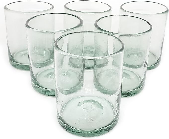 Clear 10 oz Tumblers (set of 6), Hand Blown Mexican Glassware, Recycled Glass Drinking Glasses, Lead-Free, Cocktail Margarita Glasses, Wine Glasses, Shot Glasses, Whiskey Glasses (Tumbler) by MexHandcraft