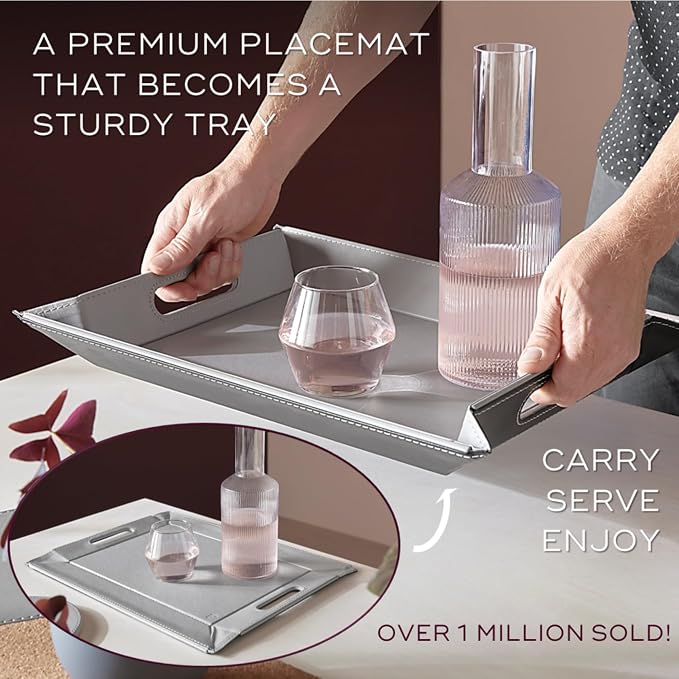 2-in-1 Serving Tray & Placemat | Faux Leather & Reversible | Lays Flat as a Placemat or Folds into an Ottoman Food Tray, Easy to Clean - Image 2