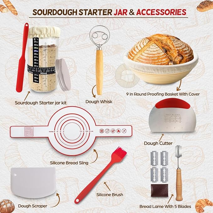 Emporium sourdough starter kit silicone banneton | Feat. 9'' Round Sourdough bread baking supplies,24oz sourdough starter jar & 14pcs banneton bread proofing basket set |Best starter kit for beginners