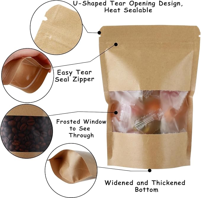 150 Kraft Mylar Bags for Food Storage 5X8 Mylar Bags with Window Candy Packaging Resealable Bags Reclosable Small Stand Up Pouches Edible Packaging, Kraft Paper Bags for Small Business - Image 6