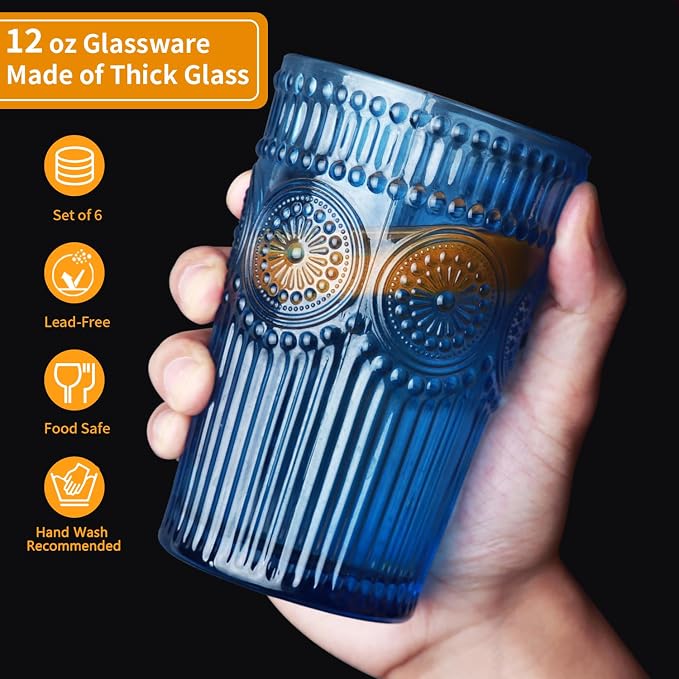 Loivttvv 6pcs Vintage Drinking Glasses Set, 12 oz Blue Highball Glasses, Embossed Ribbed Glassware Cups for Cocktail, Water, Juice, Coffee, Whiskey - Image 2