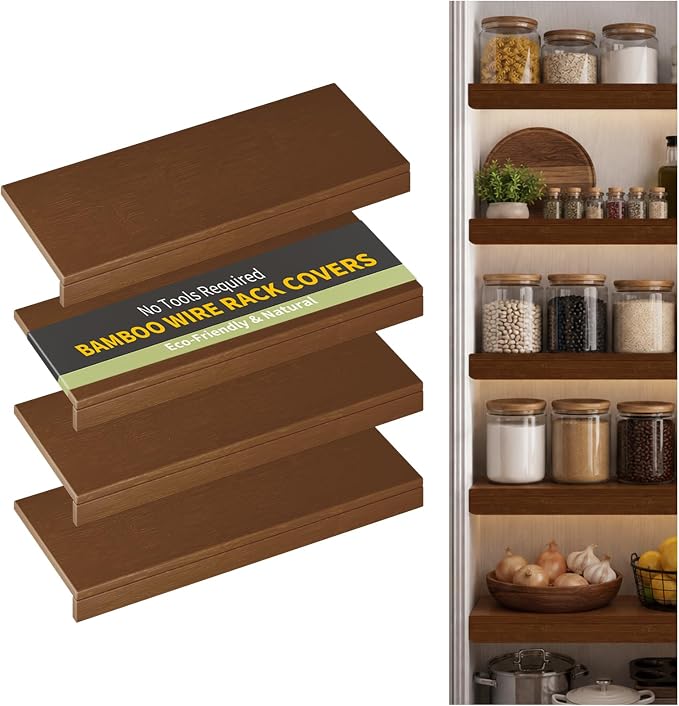 Wire Shelf Covers, Bamboo Wire Rack Covers for Pantry, Closet，Kitchen (4pcs, 30" W x 12" D, Walnut) by ClimbHope