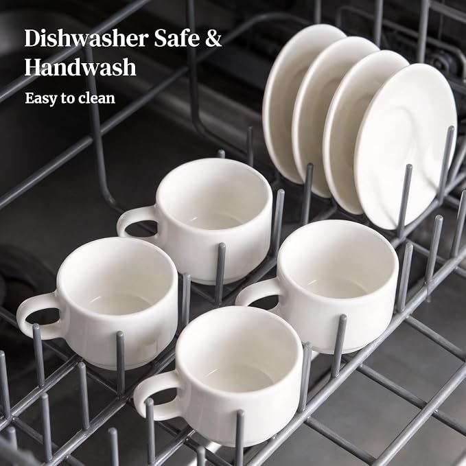 DOWAN 2.5 OZ Stackable Espresso Cups, Porcelain Coffee Cups with Saucers Set of 4, White Espresso Shot Cup, Tea Cups for Home, Office and Cafe Use - Image 7