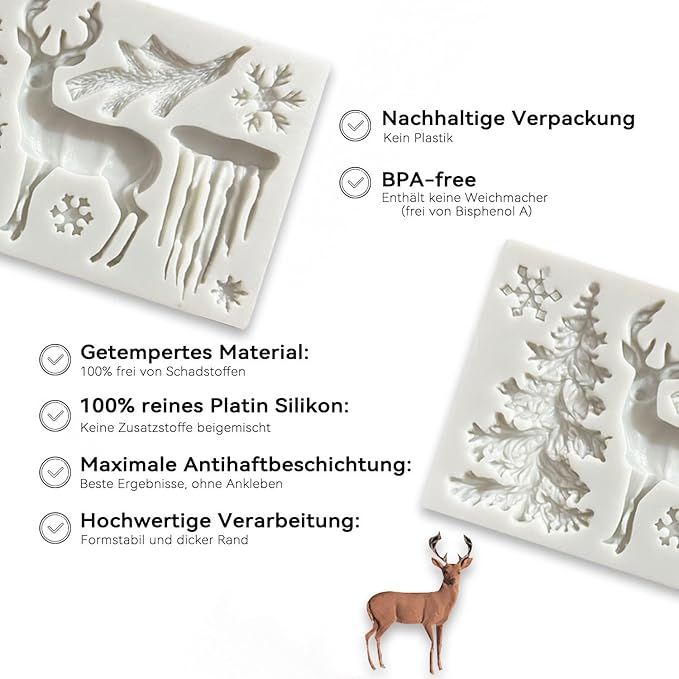 1 Pcs Christmas Silicone Baking Molds 3D Chocolate Candy Molds 8-Cavities Deer Christmas Tree Snowflake Shape Fondant Mold for Cake Toppers Ice Cubes Jello DIY Cake Candles Cake Decoration